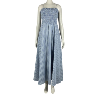 Faithfull The Brand Smocked Blue Stripe Lida Maxi Dress Size L NWT