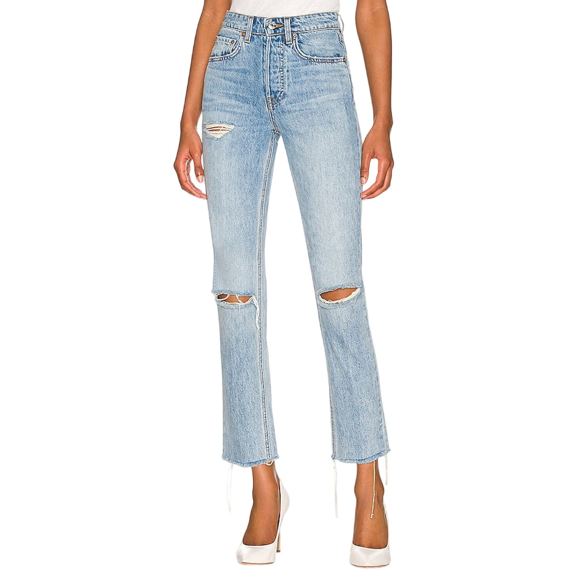 Grlfrnd Distressed Point Loma Karolina Petite High Rise Straight Crop Denim Jeans Size 26