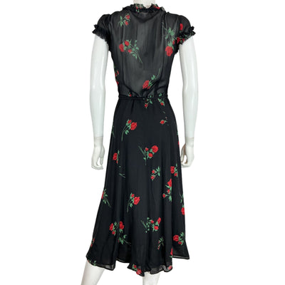 Reformation Romantic Black Rose Print Wrap Midi Dress Size S