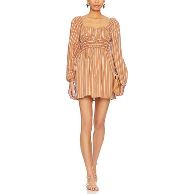 Faithfull The Brand Striped Brown Paloma Mini Dress Size M