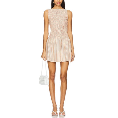 Faithfull The Brand Smocked Beige Noa Mini Dress Size 8