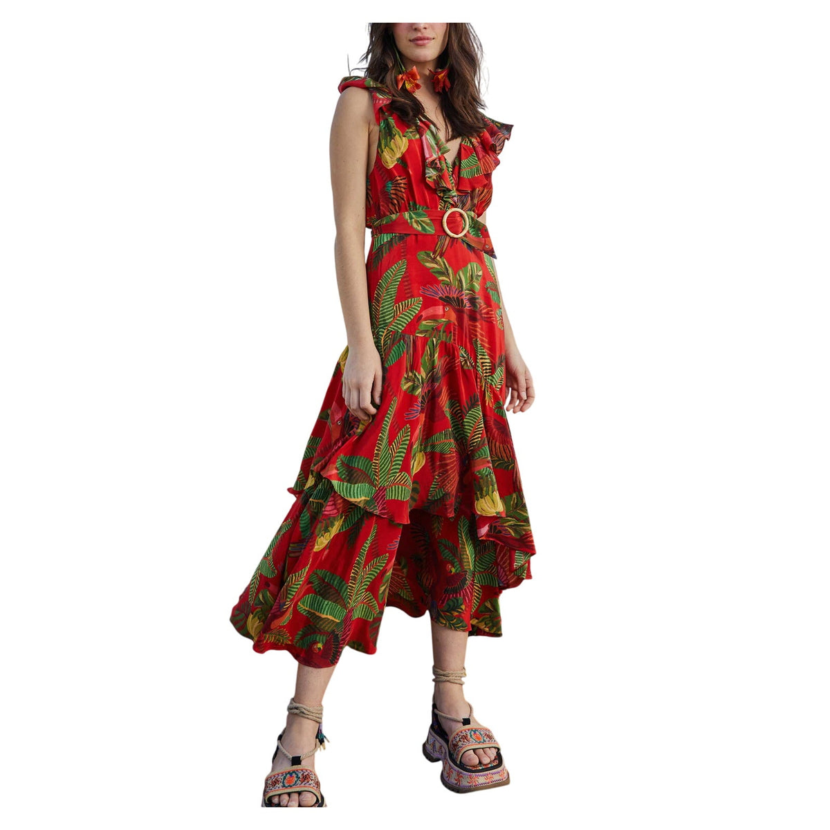 Farm Rio Forest Birds Red Belted Midi Dress Size XS