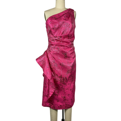 Teri Jon Jacquard Hot Pink One Shoulder Ruffle Dress Size 6