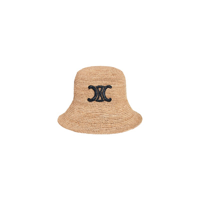 Celine 'Triomphe' Beige Raffia Bucket Hat Size L