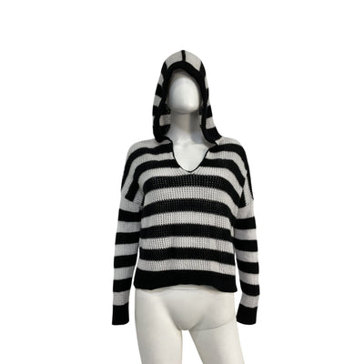Atm Anthony Thomas Melillo Striped Black Salt Grey Mesh Knit Hoodie Sweater Size L