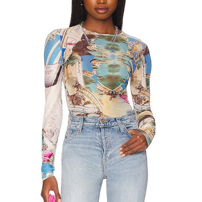 Miaou Sheer Multicolor Paloma Elsesser Baroque Long Sleeve Tee Size XS NWT