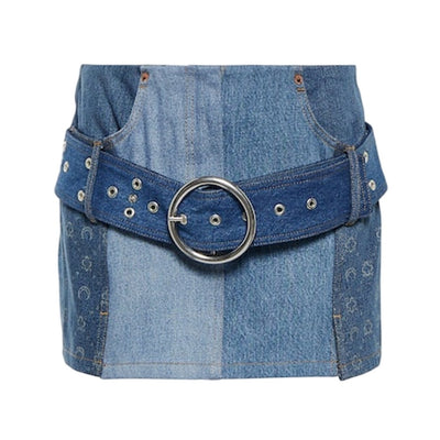 Marine Serre Patchwork Blue Moonogram Belted Denim Skirt Size 40