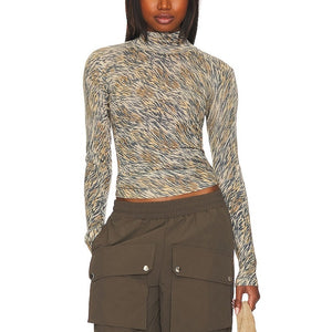 Autumn Cashmere Fitted Brown Combo Tiger Print Mock Neck Sweater Size XS