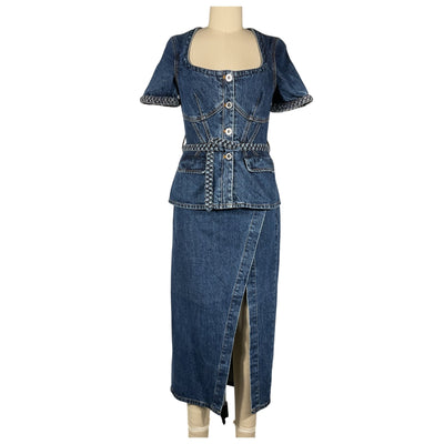 Self-Portrait Convertible Mid Denim Belted Midi Dress Size UK 8 / US 4