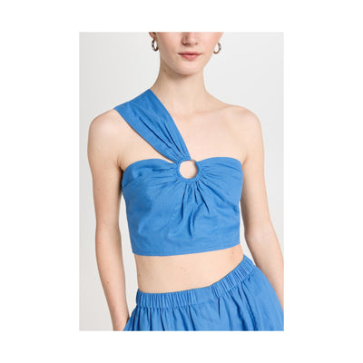 Jason Wu One Shoulder Blue Linen Cotton Crop Top With Ring Accent Size 6
