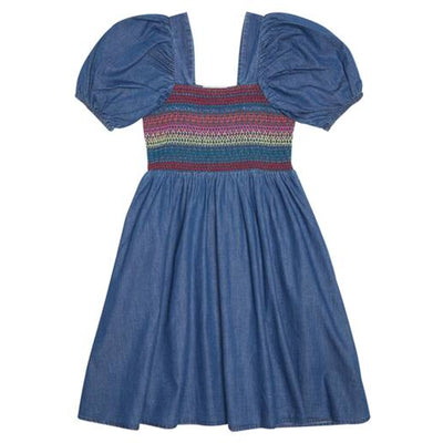 Stella Mccartney Puff-Sleeved Blue Cotton Ruched Chambray Dress Size 8