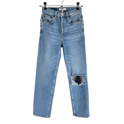 Re/Done Distressed Rodeo Indigo 70s Stove Pipe Denim Jeans Size 23