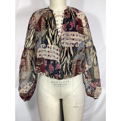 Veronica Beard 'Jayce' Red Patchwork-Print V Neck Blouse Size 0