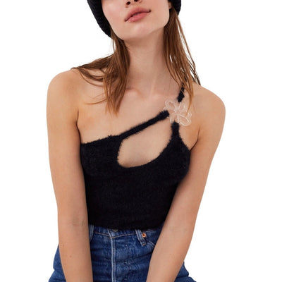 For Love & Lemons Fuzzy Black Mirabel Crop Top Size XS