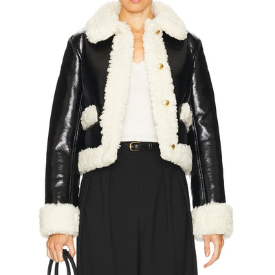 L'Academie Faux Shearling Trimmed Black And Beige Corsica Jacket Size XXS
