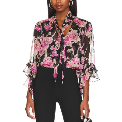 Misa Los Angeles Sheer Black Floral Gigi Blouse Size L