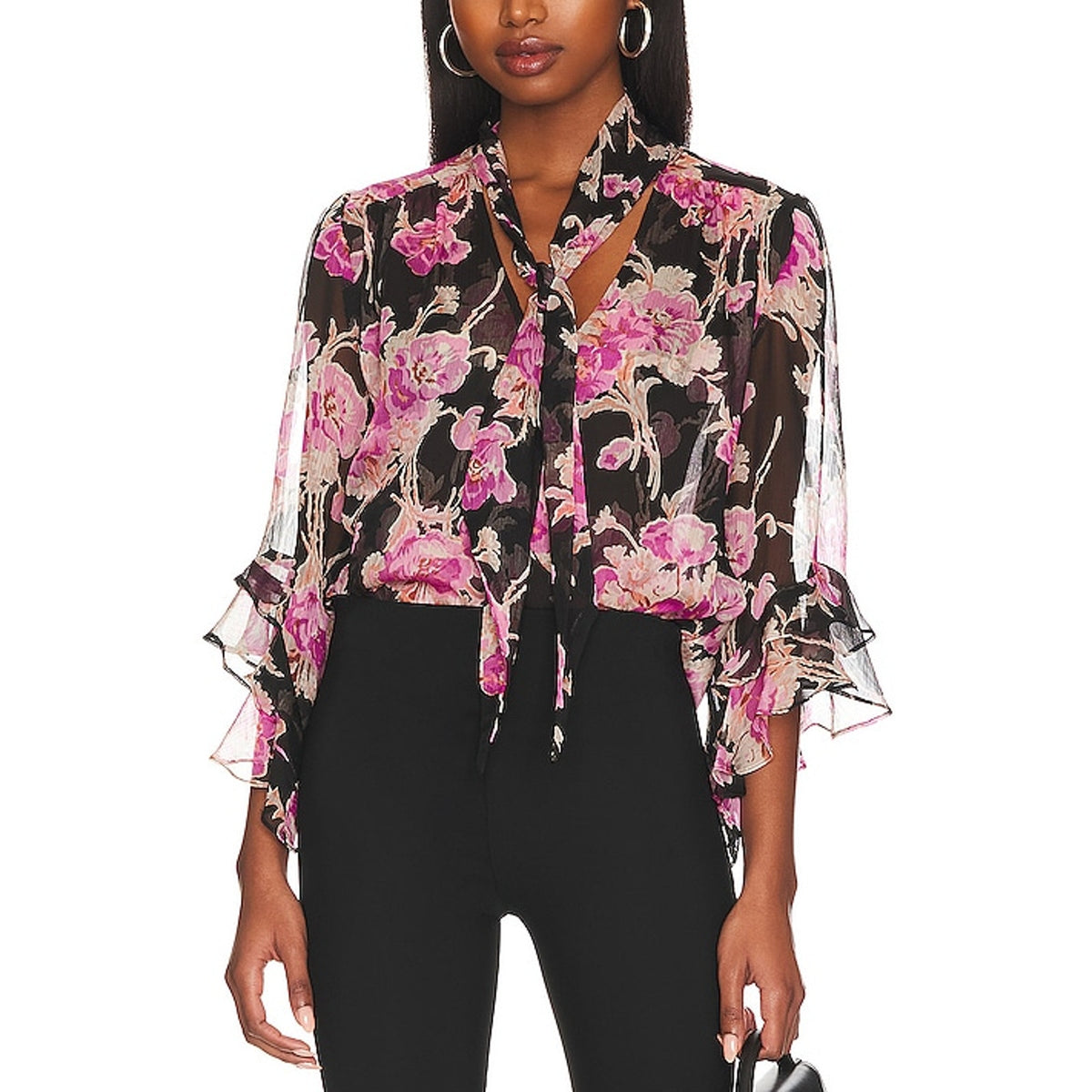 Misa Los Angeles Sheer Black Floral Gigi Blouse Size L