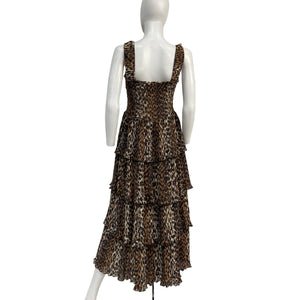 Ganni Leopard Print Brown Flounce Smock Midi Dress Size 40 EU