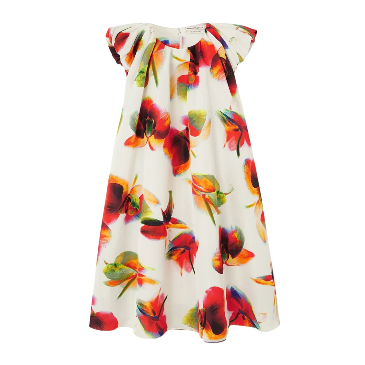 Alexander Mcqueen Gathered White Orchid Print Faille Mini Dress Size IT 40 / US 4 NWT