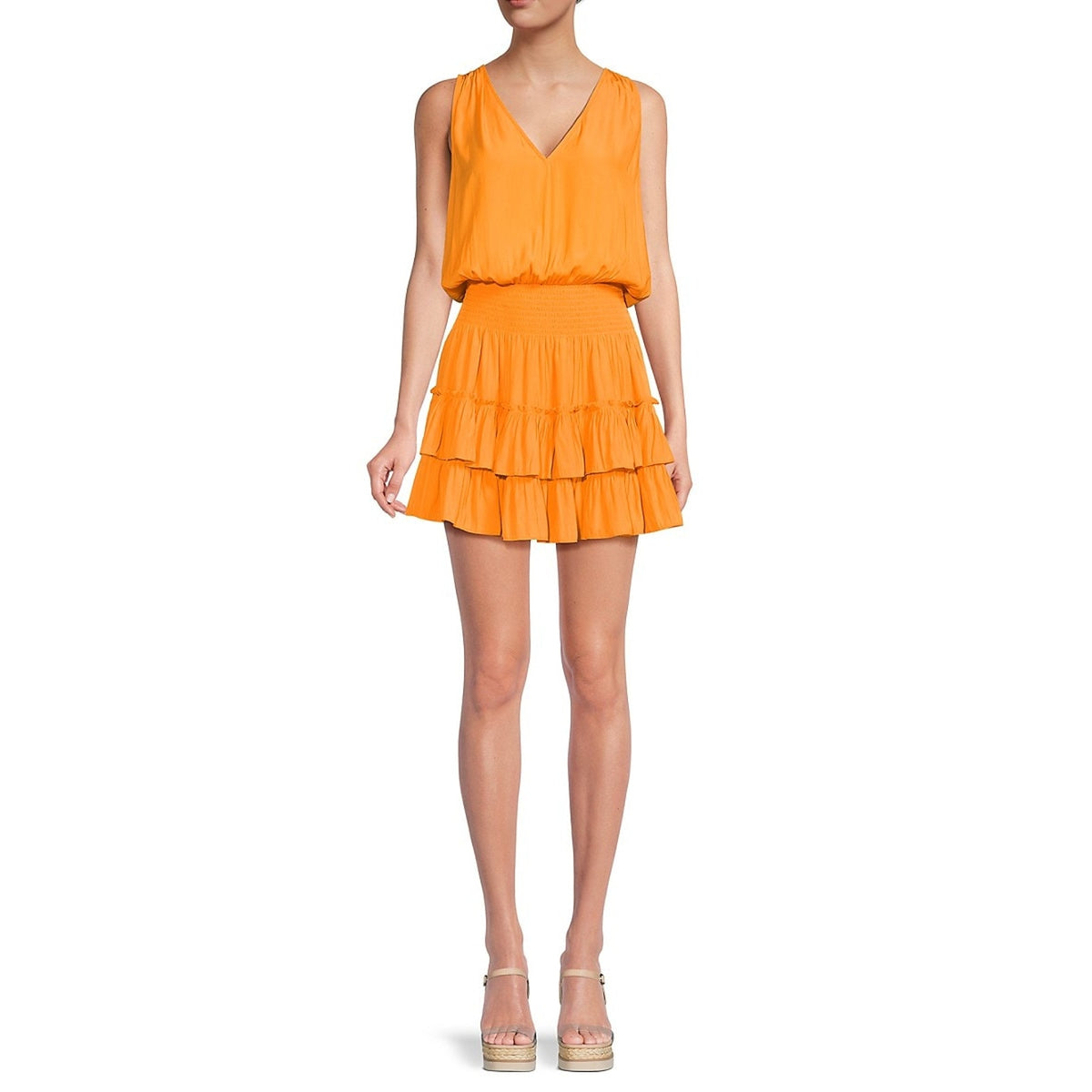 Ramy Brook 'Bambi' Orange V Neck Smocked Tiered Mini Dress Size M - NWT