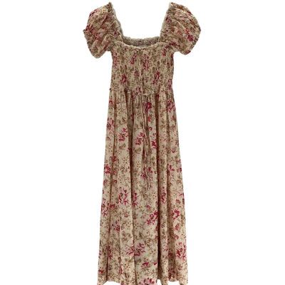 Dôen 'Stanza' Pink Cotton Lace-Trimmed Floral-Print Midi Dress Size S