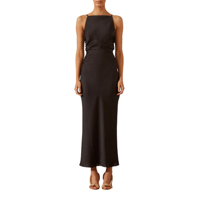 Shona Joy Luxe Black High Neck Ruched Midi Dress Size 6