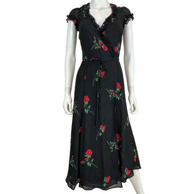 Reformation Romantic Black Rose Print Wrap Midi Dress Size S