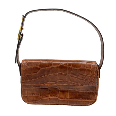 Staud Croc Embossed Leather Brown Tommy Shoulder Bag