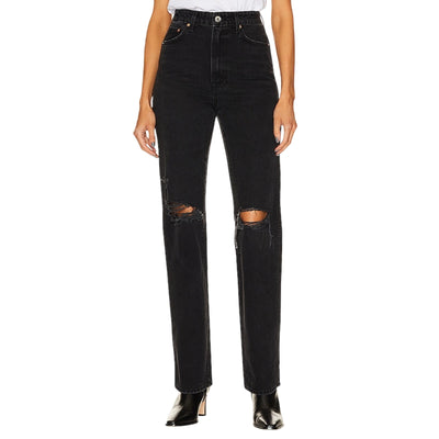 Grlfrnd Distressed Black Rock Sara Super High Rise Slim Straight Denim Jeans Size 24