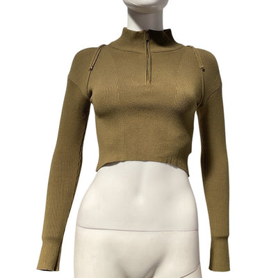 Jacquemus Ribbed Green Mock Neck Quarter Zip Crop Top Size 34 EU / US 2