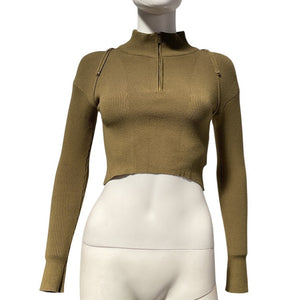 Jacquemus Ribbed Green Mock Neck Quarter Zip Crop Top Size 34 EU / US 2