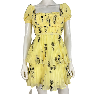 Self-Portrait Romantic Yellow Floral Silhouette Chiffon Tiered Mini Dress Size 0