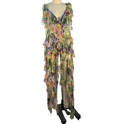 Dries Van Noten Asymmetric Ruffled Green Floral Silk Crepon Top Size FR 34 / US 2