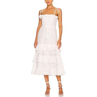 Waimari Ruffled White Romano Midi Dress Size S