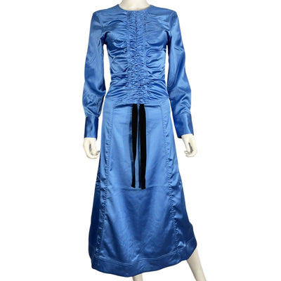 Ganni Ruched Blue Satin Midi Dress Size 32