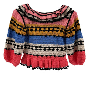 Zimmermann Textured Multicolor Ruffled Crocheted Cotton Sweater Size 1