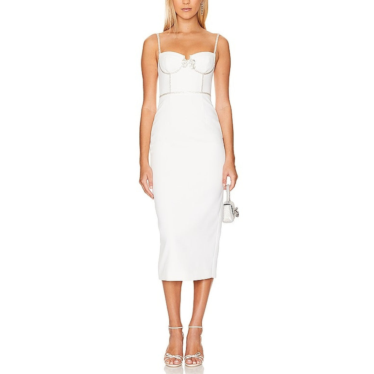 Self-Portrait Embellished White Bonded Midi Dress Size US 8 / UK 12