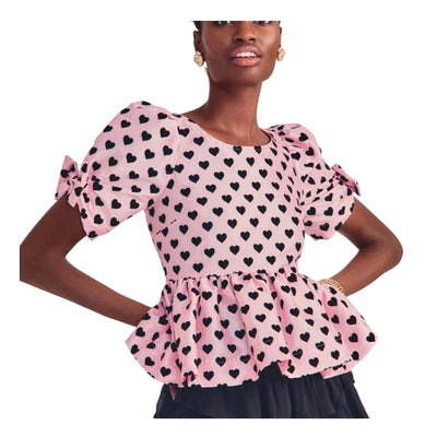 LoveShackFancy Playful Pink Heart Print Peplum Blouse Size 2