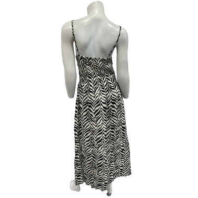 Faithfull The Brand 'Nolie' Black Shirred Zebra-Print Poplin Midi Dress Size 8