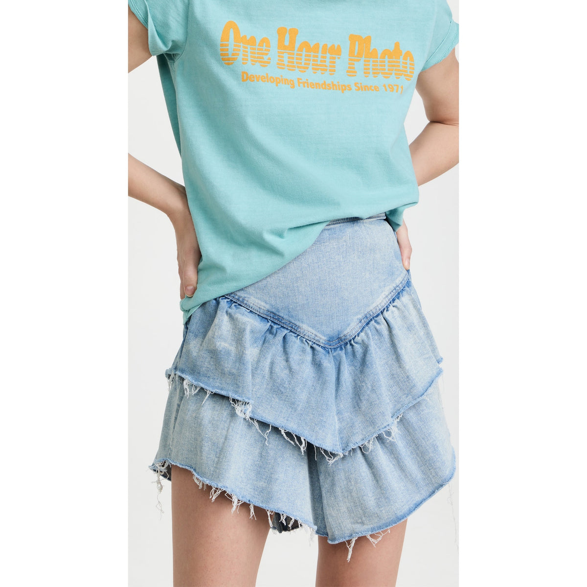 Mother 'The Ruffle' Blue Mini Raw Edge Denim Skirt Size 28