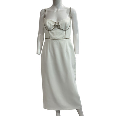 Self-Portrait Embellished White Bonded Midi Dress Size US 8 / UK 12