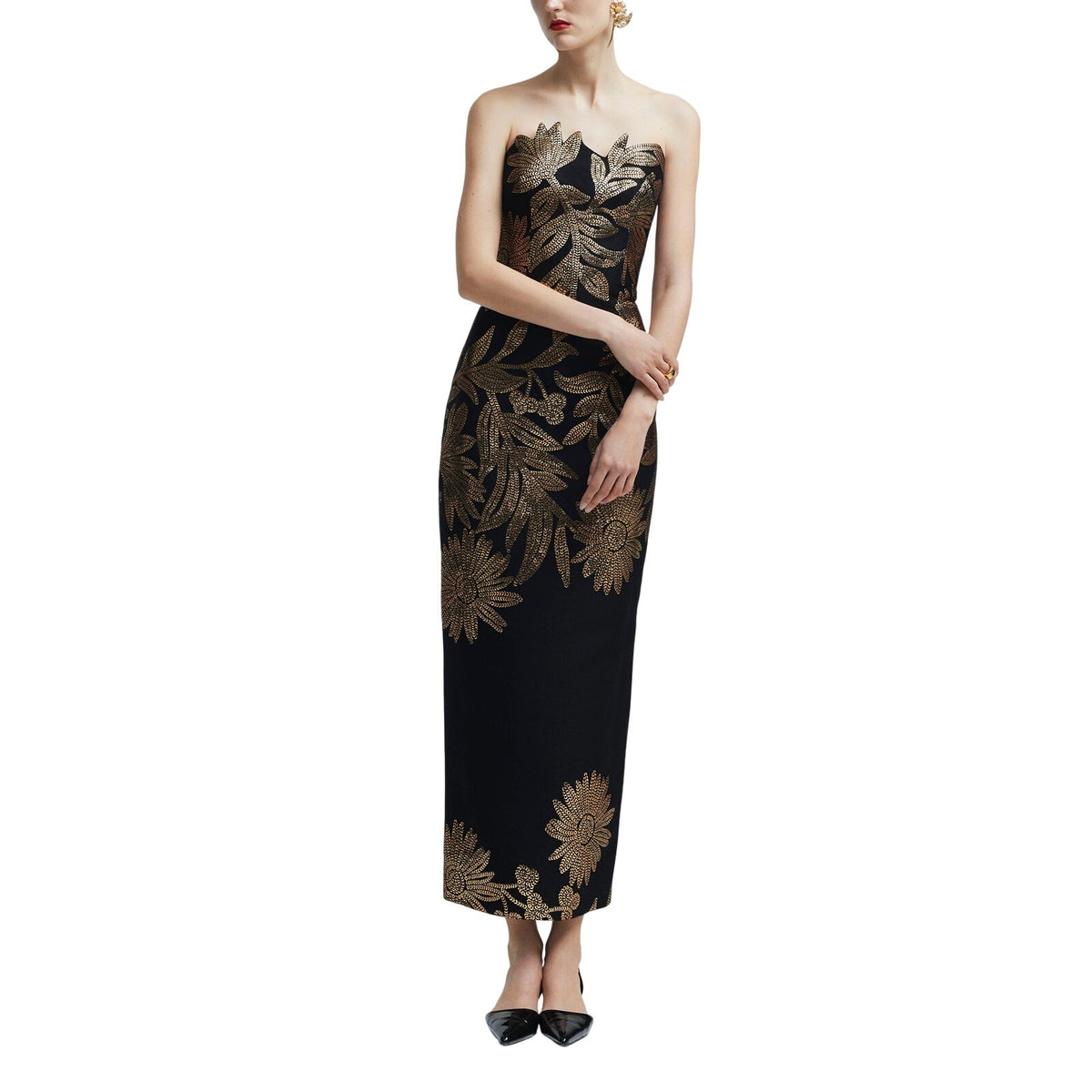 Lela Rose Metallic Black Floral Jacquard Strapless Dress Size 8