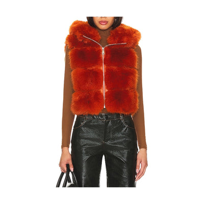 Adrienne Landau Plush Orange Faux Fur Hooded Vest Size S