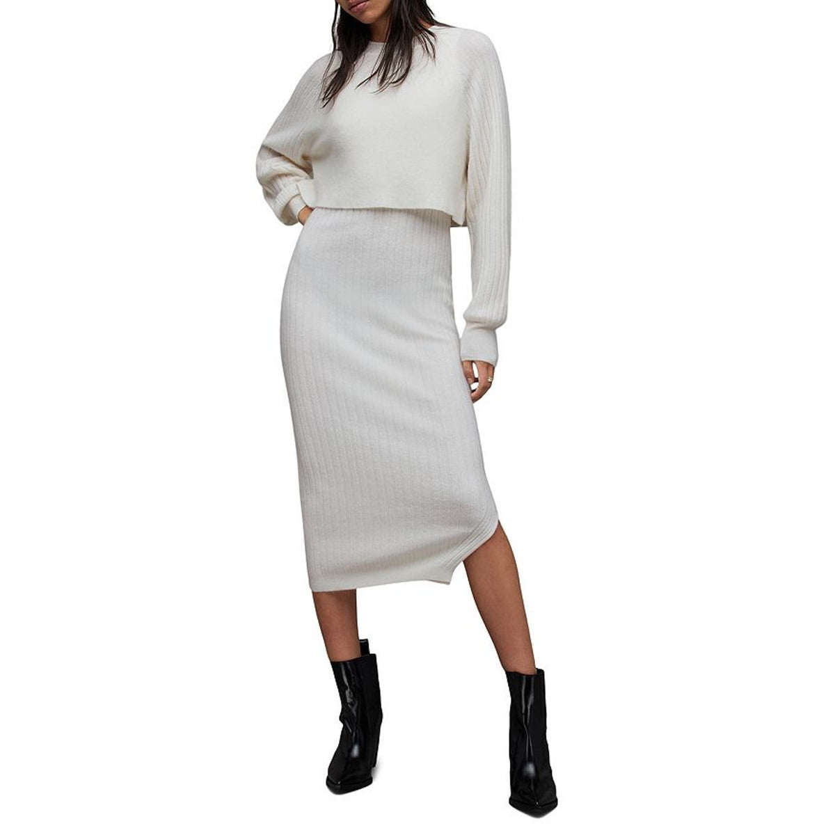 Allsaints Ribbed Chalk White Margot Crewneck Dress Size S