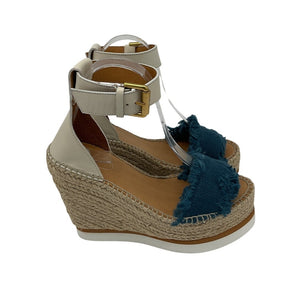 See By Chloé Frayed Blue Denim Espadrille Wedge Sandals Size 37 EU / US 7