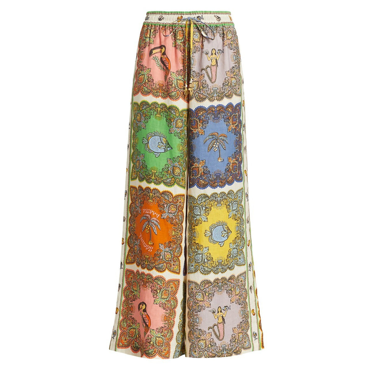 Alemais Patchwork-Printed Wide-Leg Linen Multi Trippy Troppo Pants Size 8 Uk (4 Us)