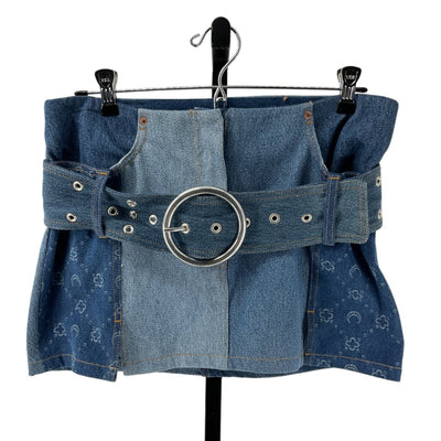 Marine Serre Patchwork Blue Moonogram Belted Denim Skirt Size 40