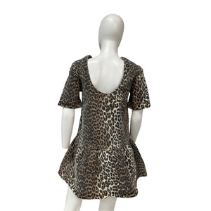 Ganni Leopard Brown Cotton Open-Back Mini Denim Dress Size 32