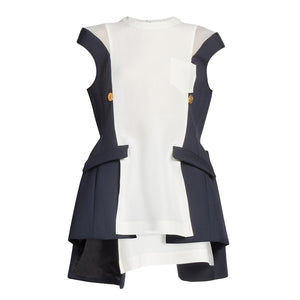 Sacai Double Faced Off White Navy Silk Cotton Top Size XS