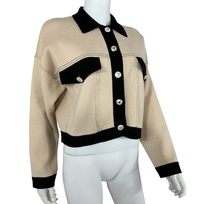 Sandro Colorblock Beige And Black Contrast-Trim Button-Front Jacket Size 0